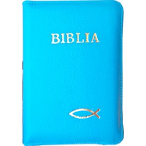 Biblia legata in piele, cu fermoar [format mic, albastru deschis]