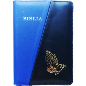 Biblia legata in piele, cu fermoar [format mijlociu] [albastru/negru, mâini în rugăciune]