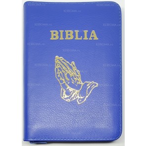 Biblia legata in piele, cu fermoar [format mic] [albastru, maini in rugaciune]